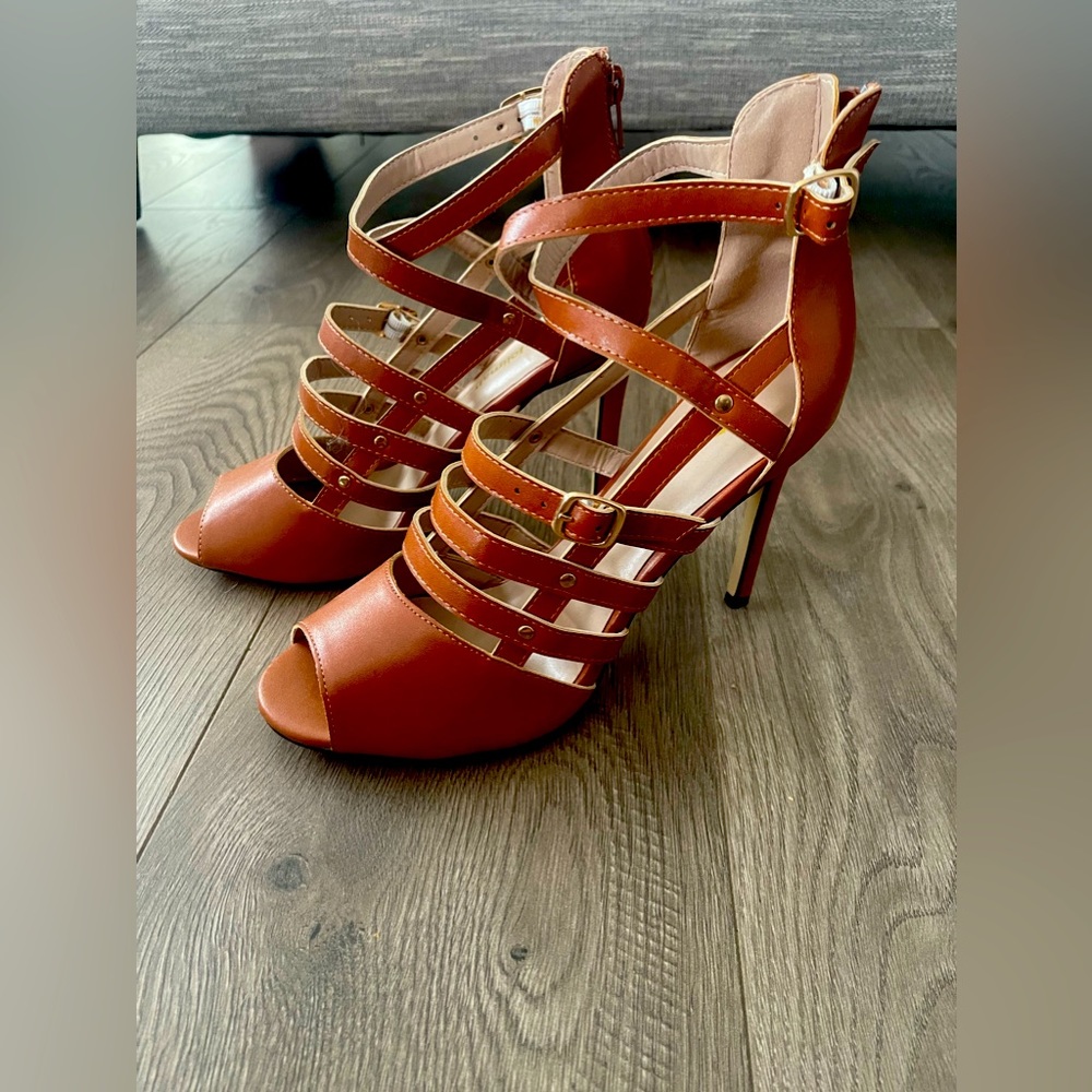 Camel color, straps heels. Size 9